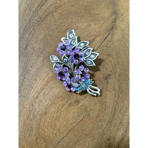 Vintage Silver Tone Purple Rhinestone Floral Bouquet Brooch AB Crystal Pin